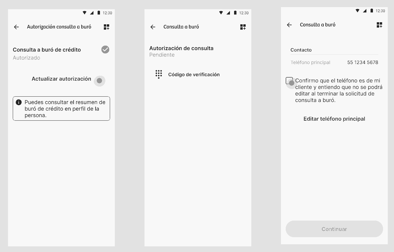 Wireframes of the disabled-authorization flow: update authorization, pending consent, and phone-ownership confirmation