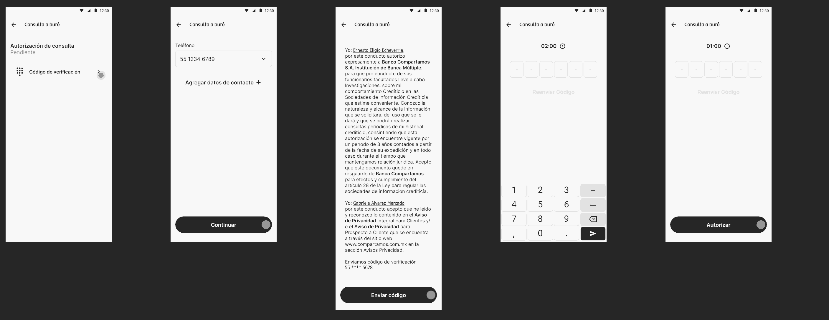 Wireframes of the OTP flow: authorization, phone number, privacy notice, code capture with timer